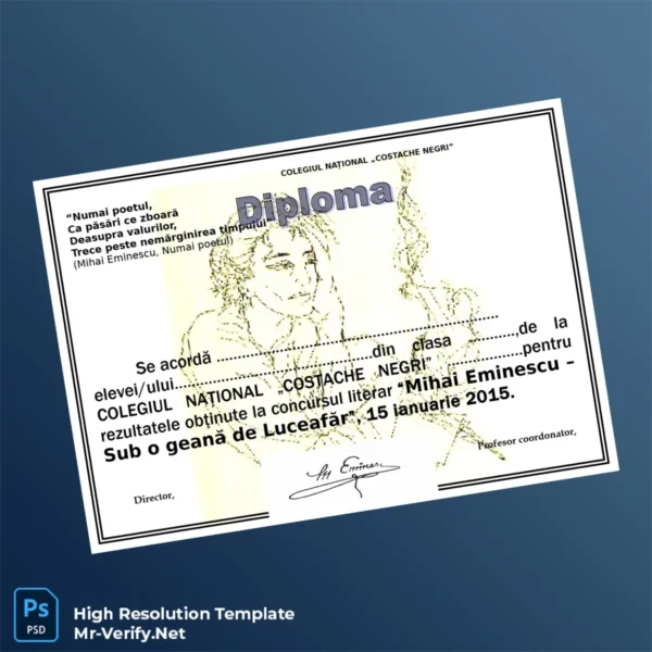 Romania Colegiul Național „Costache Negr” Literary Diploma Template – Fully Editable & Print-Ready